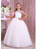 White Pearls Tulle Buttons Back Long Flower Girl Dress